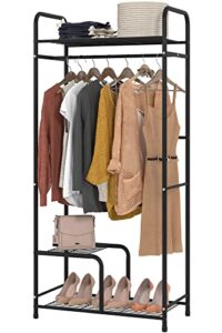 tzamli clothes rack with 3 shelves and rod, metal clothing rack garment rack for hanging clothes, standing storage shelf unit for closet (black-3 tier)