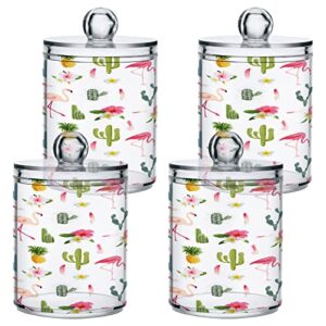 blueangle 4pcs tropical flamingo cactus qtip holder dispenser with lids - apothecary jar containers for vanity organizer storage - plastic food storage canisters（702）