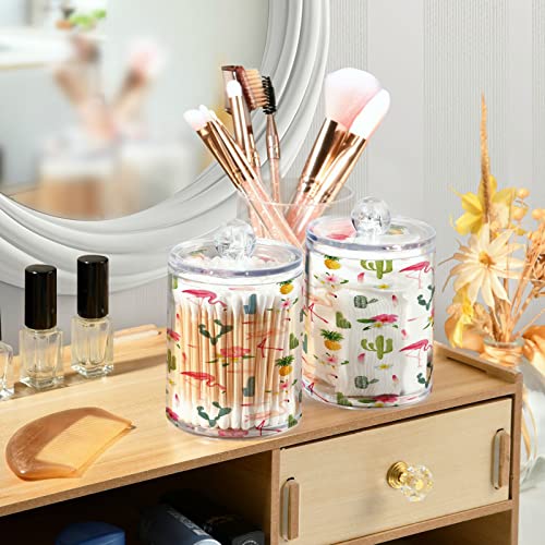 Blueangle 4PCS Tropical Flamingo Cactus Qtip Holder Dispenser with Lids - Apothecary Jar Containers for Vanity Organizer Storage - Plastic Food Storage Canisters（702）
