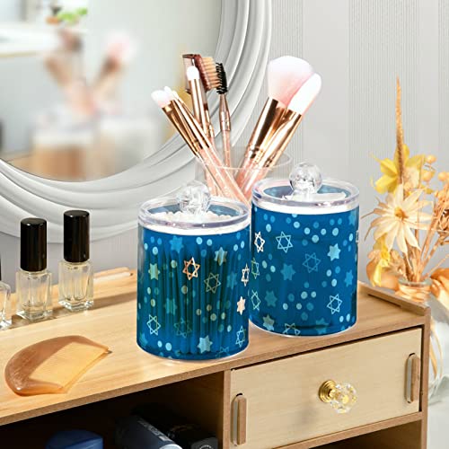 DOMIKING Hanukkah Stars Of David 2 Pack Cotton Swab Holder Dispenser Plastic Jar Bathroom Storage Canister Acrylic Containers for Floss Makeup Sponges Cotton Ball