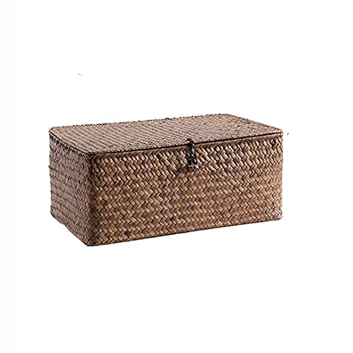 Seaweed Storage Basket Handwoven Storage Box with Lid Cosmetic Storage Box Laundry Basket Wicker Basket Storage Basket Box Wicker(L,Khaki)