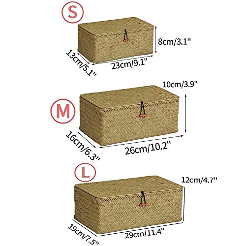 Seaweed Storage Basket Handwoven Storage Box with Lid Cosmetic Storage Box Laundry Basket Wicker Basket Storage Basket Box Wicker(L,Khaki)
