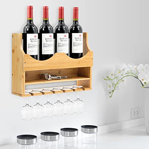 Utoplike Wall Mounted Wine Rack with Glass Holder, Wall Wine Glass Bottle Racks, Bamboo Hanging Bottle Holder Storage for Kitchen, Dining Room, Bar