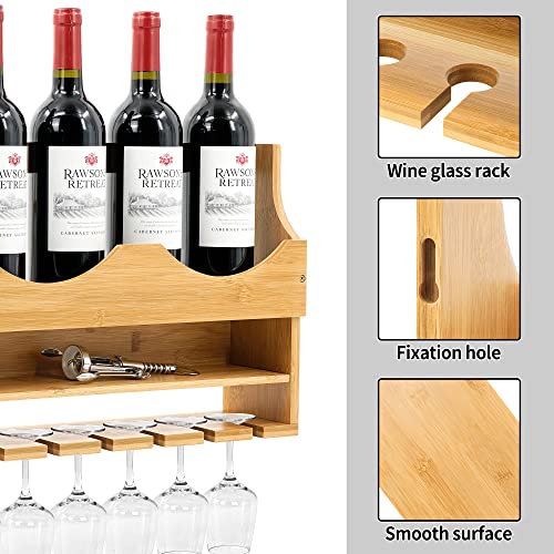 Utoplike Wall Mounted Wine Rack with Glass Holder, Wall Wine Glass Bottle Racks, Bamboo Hanging Bottle Holder Storage for Kitchen, Dining Room, Bar