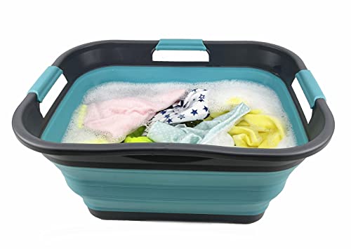 SAMMART 30L (8 gallon) Set of 2 Collapsible Plastic Laundry Basket - Foldable Pop Up Storage Container/Organizer - Portable Washing Tub - Water capacity: 24L (6.3 gallon) (Alloy Grey + Crystal Blue)