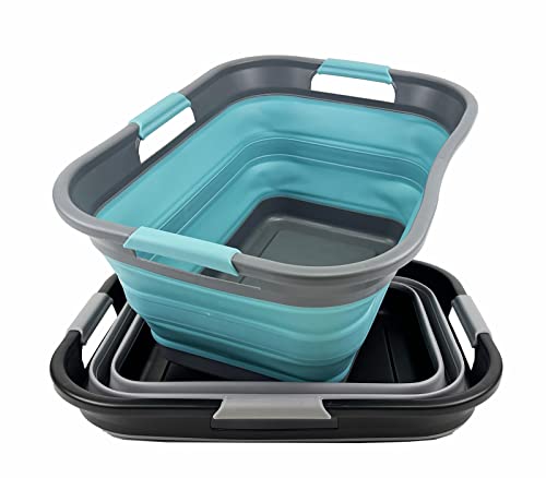 SAMMART 30L (8 gallon) Set of 2 Collapsible Plastic Laundry Basket - Foldable Pop Up Storage Container/Organizer - Portable Washing Tub - Water capacity: 24L (6.3 gallon) (Alloy Grey + Crystal Blue)