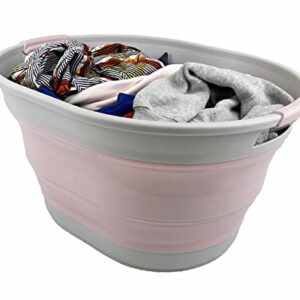 SAMMART 23L (6 Gallons) Collapsible Plastic Laundry Basket - Oval Tub - Foldable Storage Container/Organizer -Portable Washing Tub -Space Saving Laundry Hamper (Grey/Pale Pink)