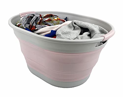 SAMMART 23L (6 Gallons) Collapsible Plastic Laundry Basket - Oval Tub - Foldable Storage Container/Organizer -Portable Washing Tub -Space Saving Laundry Hamper (Grey/Pale Pink)