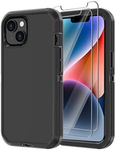 annymall for iphone 14 plus case with 2 screen protector, heavy duty drop protection shockproof rugged 3-layer military tough durable protective cover for apple iphone 14 plus 6.7" (black)