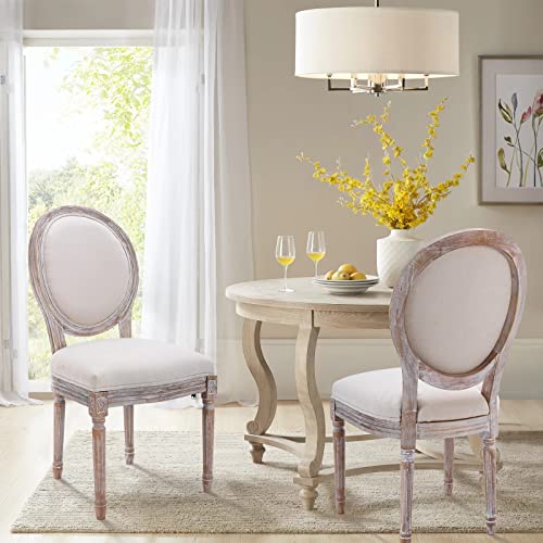 COLAMY French Country Dining Chairs Set of 6, Upholstered Farmhouse Dining Room Chairs with Round Back, Solid Wood Legs, Accent Side Chairs for Kitchen/Living Room/Bedroom- Beige