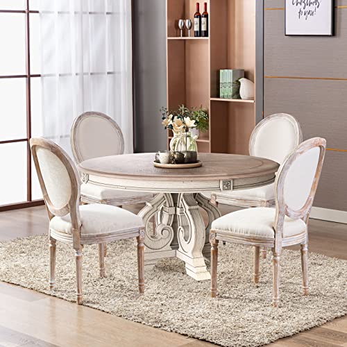 COLAMY French Country Dining Chairs Set of 6, Upholstered Farmhouse Dining Room Chairs with Round Back, Solid Wood Legs, Accent Side Chairs for Kitchen/Living Room/Bedroom- Beige