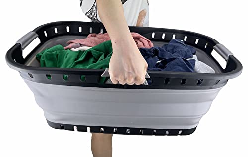 SAMMART 44L (11.6 gallon) Collapsible Plastic Laundry Basket-Foldable Pop Up Storage Container-Portable Washing Tub-Space Saving Hamper, Water Capacity: 35L (9.2 gallon) (Black/Alloy Grey)