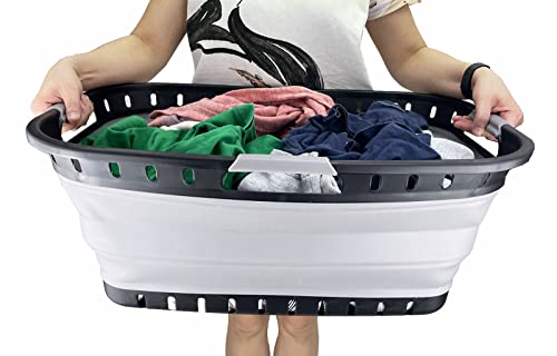 SAMMART 44L (11.6 gallon) Collapsible Plastic Laundry Basket-Foldable Pop Up Storage Container-Portable Washing Tub-Space Saving Hamper, Water Capacity: 35L (9.2 gallon) (Black/Alloy Grey)