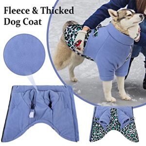 SAWMONG Fleece Dog Winter Coat, Leopard Waterproof Dog Jacket, Warm Thicked Dog Coat with Harness, Dog Vest Cold Weather Clothes Pet Apparel for Small Medium Large Dogs,Blue M