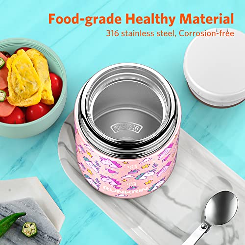 Insulated Food Jar for Hot Food, Runkrin 16oz Thermos Vacuum Double Wall Lunch Container with Spoon, Leak Proof Stainless Steel Thermal Bento Box for Kids Boys Girls Adults