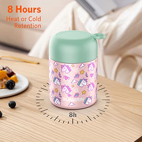 Insulated Food Jar for Hot Food, Runkrin 16oz Thermos Vacuum Double Wall Lunch Container with Spoon, Leak Proof Stainless Steel Thermal Bento Box for Kids Boys Girls Adults