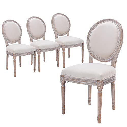 COLAMY French Country Dining Chairs Set of 4, Upholstered Farmhouse Dining Room Chairs with Round Back, Solid Wood Legs, Accent Side Chairs for Kitchen/Living Room/Bedroom- Beige