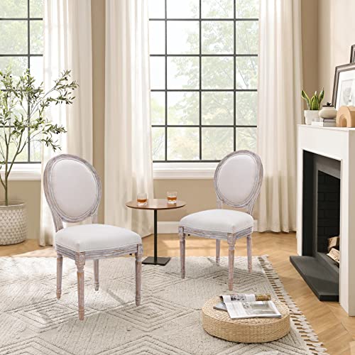 COLAMY French Country Dining Chairs Set of 4, Upholstered Farmhouse Dining Room Chairs with Round Back, Solid Wood Legs, Accent Side Chairs for Kitchen/Living Room/Bedroom- Beige