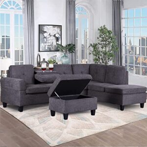 ubgo furniture sets,living room sectional sofa,l shaped storage ottoman, upholstered sofá with 2 cup holder,couch longue for indoor home apartment office, grey left chaise
