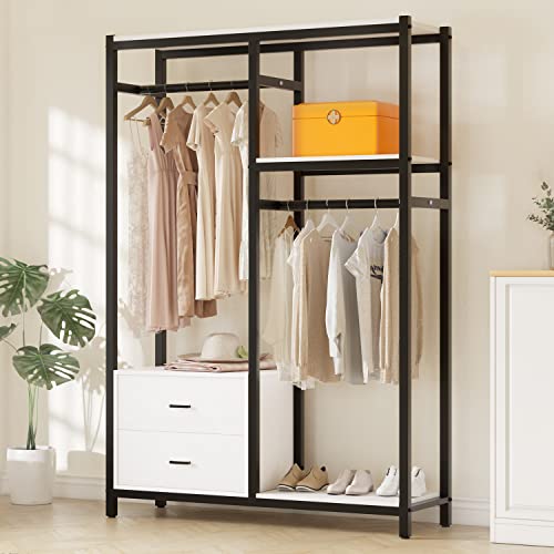 HOKEEPER 650lbs Freestanding Closet Organizer with Drawers and Shelves Heavy Duty Metal Wardrobe Closet Storage Shelves for Hanging Clothes Clothing Garment Rack Closet with Shelves for Bedroom White