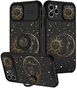 goocrux (2in1 for iphone 12 pro max case sun moon stars for women girls cute space phone cover fashion golden star print design with slide camera cover+ring holder cases for iphone 12 promax 6.7''