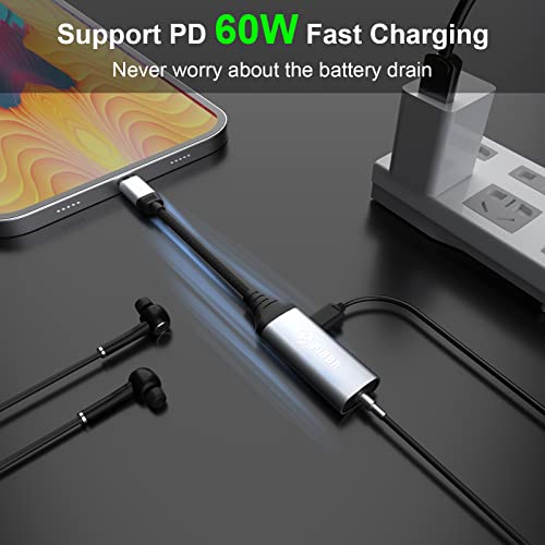 FIBBR USB C to 3.5mm Jack and Charger Adapter with PD 60W Fast Charging, 2 in 1 Type C to 3.5 Headphone Aux Audio Adapter Compatible with Galaxy A33 S22 S21 S20 Note20 10 OnePlus 9R Pixel 6 and More