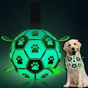 qdan glow in the dark dog toys soccer ball with straps, interactive dog toys puppy birthday gifts, dog tug water toy, indoor/outdoor light up dog balls for small & medium dogs（8 inch size 3）