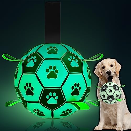 QDAN Glow in The Dark Dog Toys Soccer Ball with Straps, Interactive Dog Toys Puppy Birthday Gifts, Dog Tug Water Toy, Indoor/Outdoor Light Up Dog Balls for Small & Medium Dogs（8 Inch Size 3）