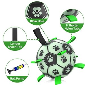 QDAN Glow in The Dark Dog Toys Soccer Ball with Straps, Interactive Dog Toys Puppy Birthday Gifts, Dog Tug Water Toy, Indoor/Outdoor Light Up Dog Balls for Small & Medium Dogs（8 Inch Size 3）