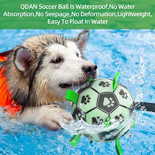 QDAN Glow in The Dark Dog Toys Soccer Ball with Straps, Interactive Dog Toys Puppy Birthday Gifts, Dog Tug Water Toy, Indoor/Outdoor Light Up Dog Balls for Small & Medium Dogs（8 Inch Size 3）