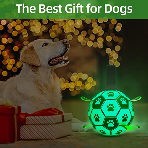 QDAN Glow in The Dark Dog Toys Soccer Ball with Straps, Interactive Dog Toys Puppy Birthday Gifts, Dog Tug Water Toy, Indoor/Outdoor Light Up Dog Balls for Small & Medium Dogs（8 Inch Size 3）