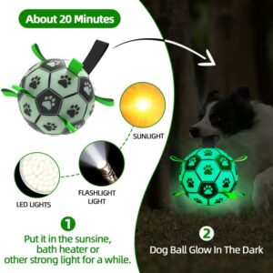 QDAN Glow in The Dark Dog Toys Soccer Ball with Straps, Interactive Dog Toys Puppy Birthday Gifts, Dog Tug Water Toy, Indoor/Outdoor Light Up Dog Balls for Small & Medium Dogs（8 Inch Size 3）