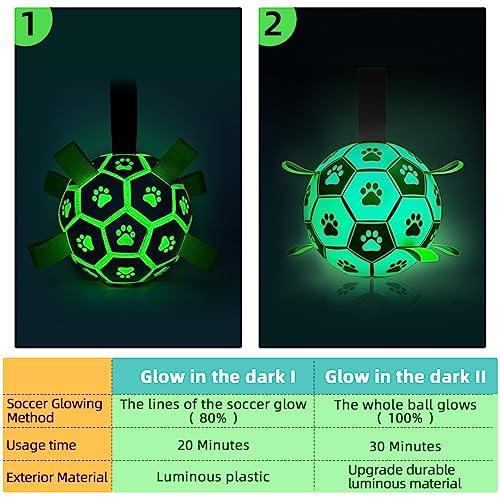 QDAN Glow in The Dark Dog Toys Soccer Ball with Straps, Interactive Dog Toys Puppy Birthday Gifts, Dog Tug Water Toy, Indoor/Outdoor Light Up Dog Balls for Small & Medium Dogs（8 Inch Size 3）