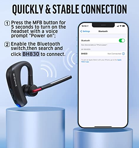 JOWAVE Bluetooth Headset V5.1 Built-in CVC 8.0 Noise Cancelling Bluetooth Earpiece with Microphones 120Hrs Standby Time Hands Free Wireless Headset with Storage Case Driving/Office/Business