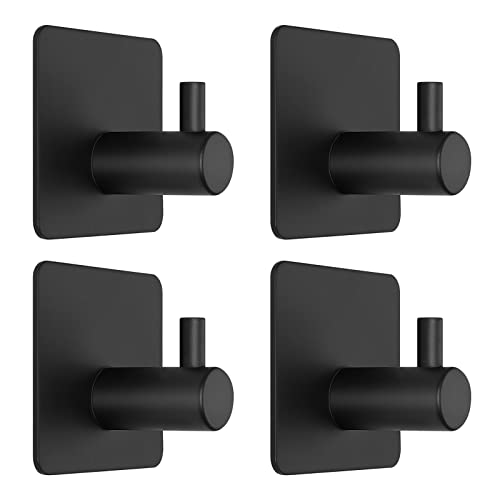 Glattever Adhesive Towel Hooks Stainless Steel Heavy Duty Towel Rack Removable Vacuum Suction Cup Wall Hooks Waterproof Clothes Towel Hook for Bathrooms Kitchen Hotel Office (Black, 4 Pack )