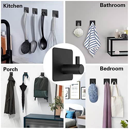 Glattever Adhesive Towel Hooks Stainless Steel Heavy Duty Towel Rack Removable Vacuum Suction Cup Wall Hooks Waterproof Clothes Towel Hook for Bathrooms Kitchen Hotel Office (Black, 4 Pack )