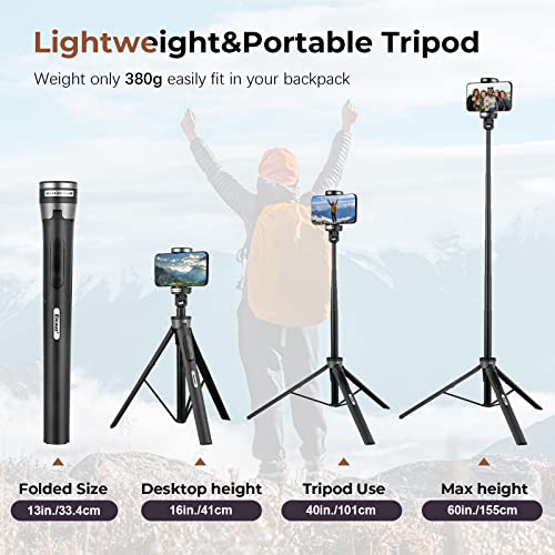 Eicaus 60'' Selfie Stick Tripod with Wireless Remote, Cell Phone Stand for Video Recording, Vlogging, Lightweight Portable Travel Tripod for iPhone, Android