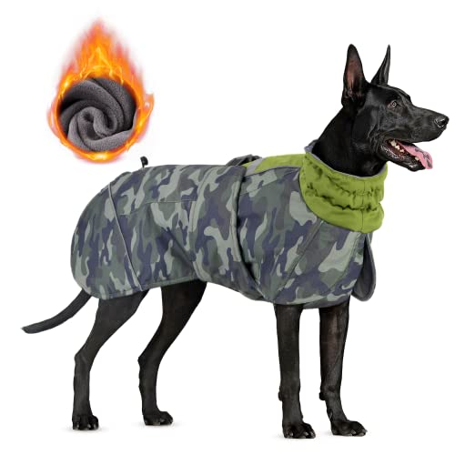 SlowTon Dog Winter Coat, Windproof 3 Layers Thick Warm Fleece Lining Dog Jacket for Cold Weather, Reflective Dog Apparel Dog Clothes with Leash Opening for Medium Large Dogs(Green Camo,L)