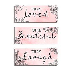 creoate pink wall decor for girls 3 pieces inspirational quotes wall art thick wooden wall hanging bedroom decor - you are loved signs wall decor, cute girls bedroom decor, 4x10x0.3 inch