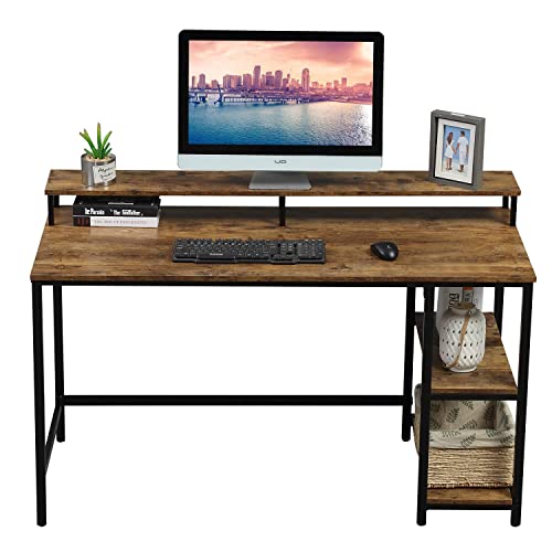 CADMIC 55 Inch Computer Desk Study Writing Table for Home Office, Rustic Style PC Student Desk Easy Assembly, Brown