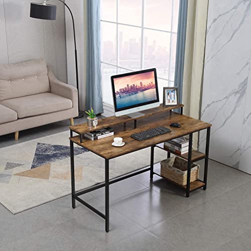 CADMIC 55 Inch Computer Desk Study Writing Table for Home Office, Rustic Style PC Student Desk Easy Assembly, Brown