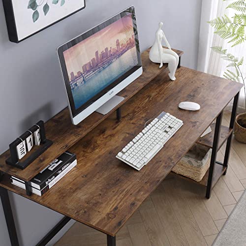 CADMIC 55 Inch Computer Desk Study Writing Table for Home Office, Rustic Style PC Student Desk Easy Assembly, Brown