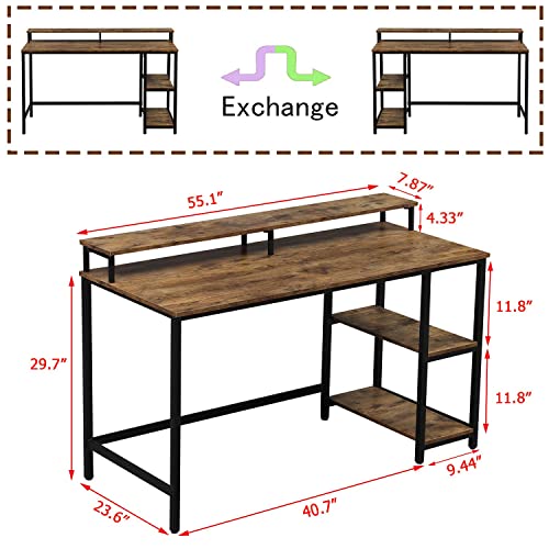 CADMIC 55 Inch Computer Desk Study Writing Table for Home Office, Rustic Style PC Student Desk Easy Assembly, Brown