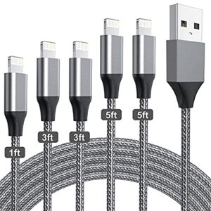 iphone charger, 5pack (1/3/3/5/5ft) lightning cables [apple mfi certified] nylon braided usb cord 5ft lightning cable 3ft compatible with iphone 13/12/11 pro max/xs/xr/x/8/7 plus/se