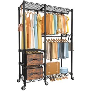 memobarco clothing-rack, heavy duty rolling clothes-rack, 4 tiers wire shelving garment rack with 3 hanging rods & 2 storage drawers, freestanding portable closet wardrobe clothes organizer, black