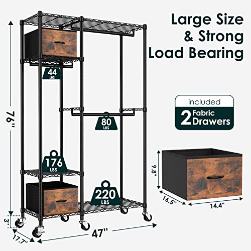 Memobarco Clothing-Rack, Heavy Duty Rolling Clothes-Rack, 4 Tiers Wire Shelving Garment Rack with 3 Hanging Rods & 2 Storage Drawers, Freestanding Portable Closet Wardrobe Clothes Organizer, Black