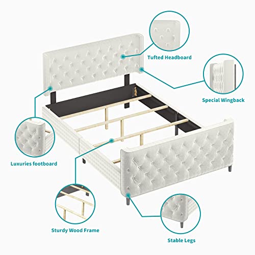 BALUS Upholstered Platform Bed Frame, Queen Size Button Tufted Bed Frame with Adjustable Headboard, Sturdy Wood Slat Support/No Box Spring Needed/Easy Assembly, Bright White