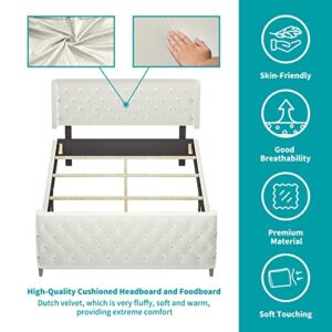 BALUS Upholstered Platform Bed Frame, Queen Size Button Tufted Bed Frame with Adjustable Headboard, Sturdy Wood Slat Support/No Box Spring Needed/Easy Assembly, Bright White