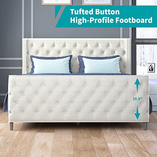 BALUS Upholstered Platform Bed Frame, Queen Size Button Tufted Bed Frame with Adjustable Headboard, Sturdy Wood Slat Support/No Box Spring Needed/Easy Assembly, Bright White