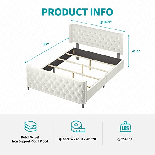 BALUS Upholstered Platform Bed Frame, Queen Size Button Tufted Bed Frame with Adjustable Headboard, Sturdy Wood Slat Support/No Box Spring Needed/Easy Assembly, Bright White